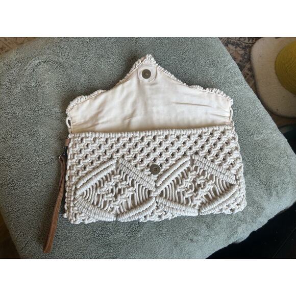 Macrame Lined Hand Bag Cream Clutch Purse Leather Strap Made In India Preloved - Picture 3 of 10
